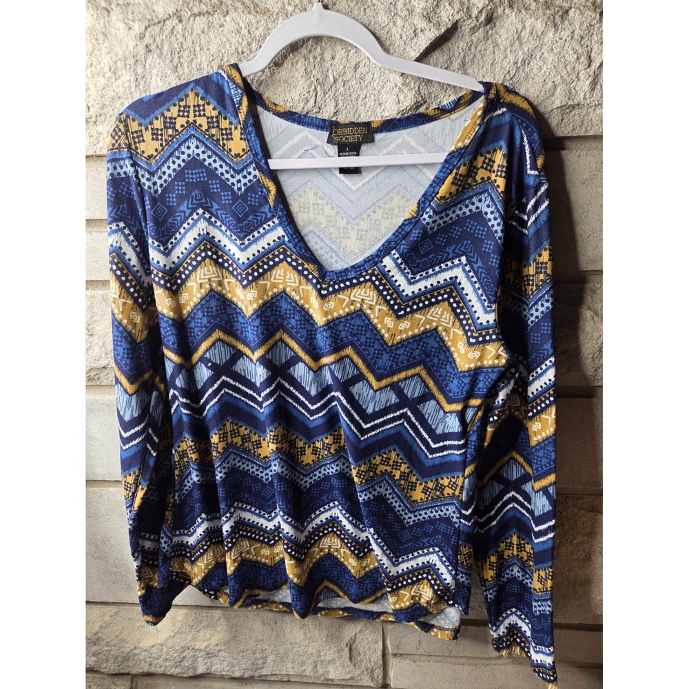 Forbidden Society Womens Blue Yellow Geometric Chevron Tribal V-Neck Top Large
